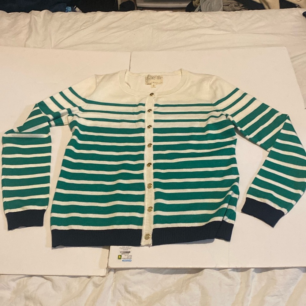 Debbie Morgan cardigan EUC light weight green and cream stripes, black cuffs